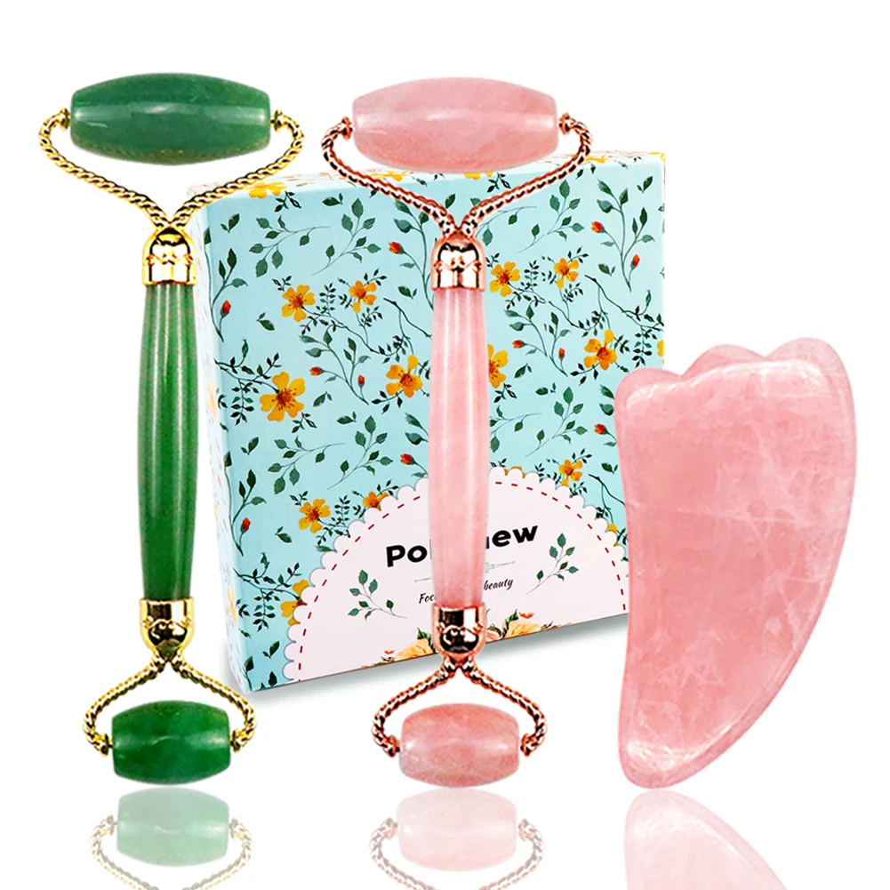 3in1kit (Wing) Розовый кварц нефритовый ролик для лица 3 в 1 Gua Sha набор, настоящий кварц против старения лица глаз шеи камень массажный ролик - Цвет: 3in1kit (Wing)
