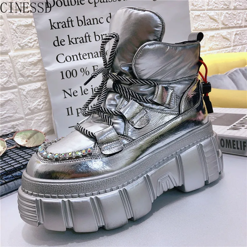 

CINESSD Korean muffin sole with plush high top sneakers women super hot net red versatile casual cotton shoes thick soles shoes