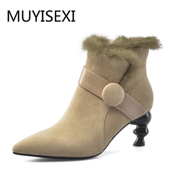 

Autumn Boots For Women Pointed Toe 6cm Unique High Heels Shoes Suede Leather Ladies Ankle Boots Black Apricot MX08 MUYISEXI