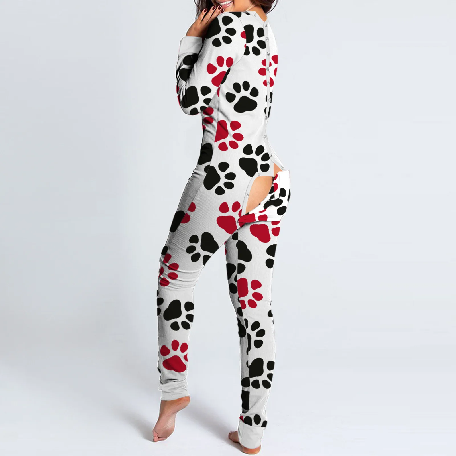 Sexy Women's Onesies Pajamas Button down Cat Paw Print Functional