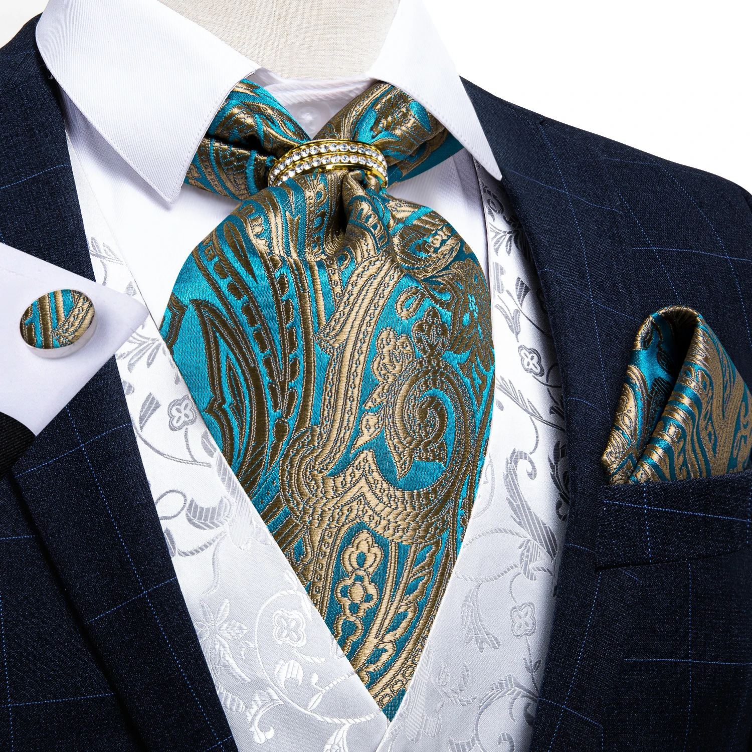 

Men Vintage Teal Blue Gold Paisley Formal Ascot Tie Self British Style Gentleman Silk Cravat Necktie Set Hanky Tie Ring DiBanGu