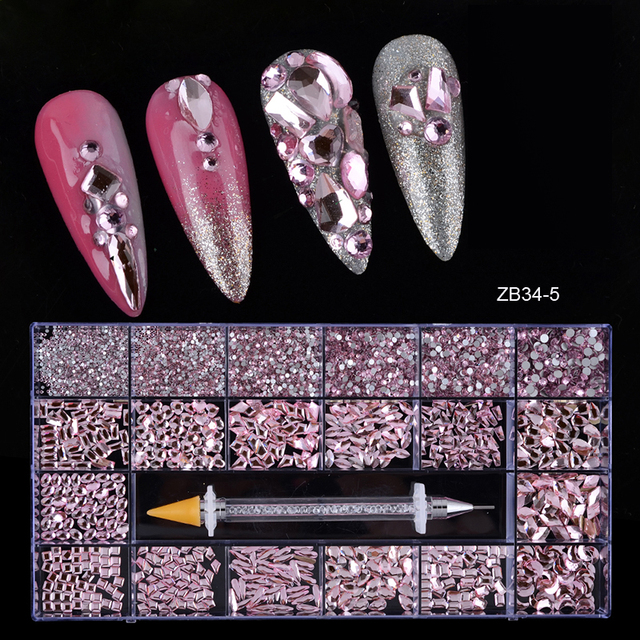 Multi Nail Rhinestones Kit Flatback 240pcs Alloy Charms (Neon,Pink,AB,Blue) Glass Jewelry Nail Art Crystal Box 2022