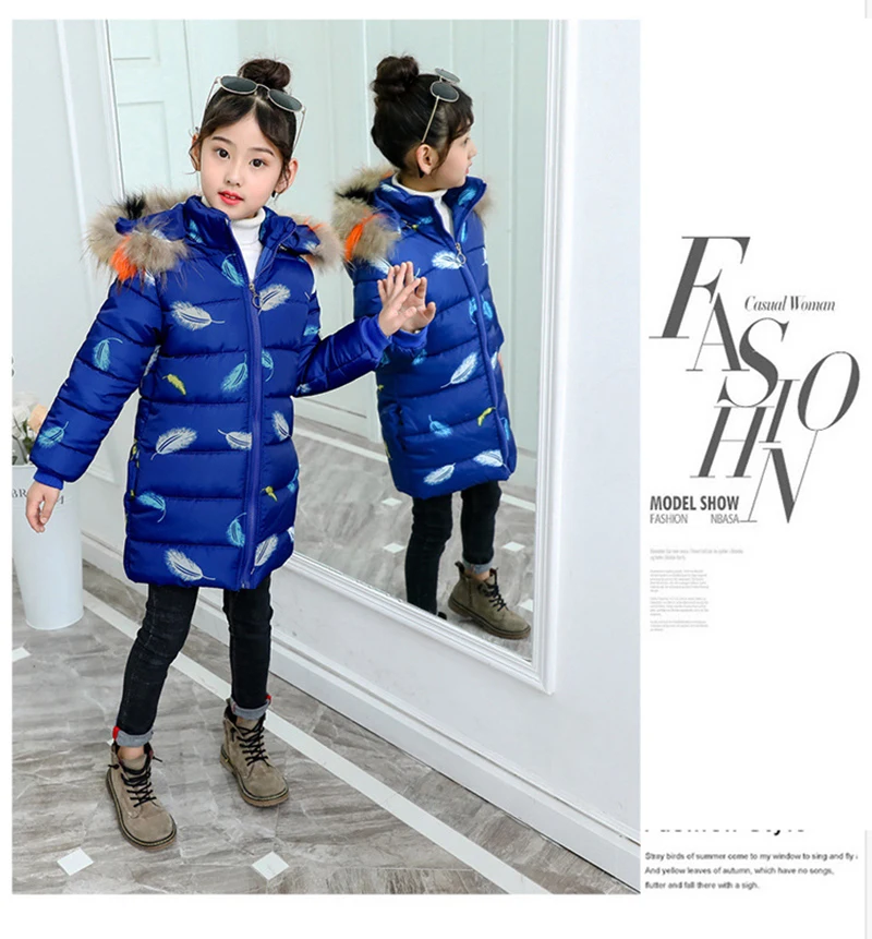Новое модное Утепленное зимнее Детское пальто с меховым воротником детская верхняя одежда с принтом перьев ветрозащитные куртки для девочек от 5 до 13 лет