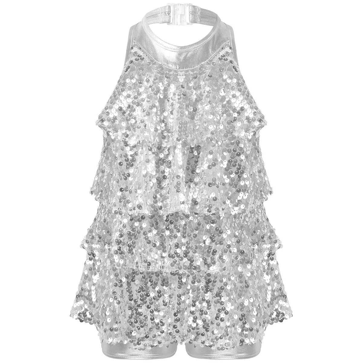 thumbnail image 1 of Traje de baile moderno para niñas, jazz, salsa latina, samba y rumba, top corto con lentejuelas brillantes metálicas y pantalones cortos con falda, culottes, 1 of 5