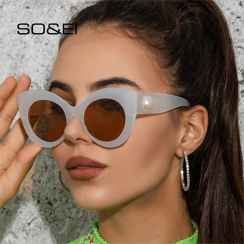 SO EI gafas de sol de estilo Retro para hombre y mujer, lentes de sol de gran tamaño con diseño de ojo lujo, con decoración de perlas, con