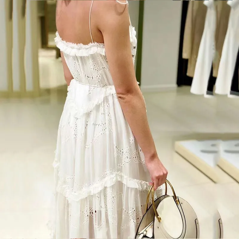 Белое сексуальное Плиссированное Платье на бретельках для женщин летнее элегантное платье миди с оборками и вышивкой праздничное шифоновое пляжное платье