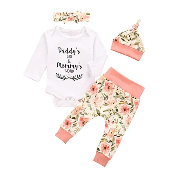 

2020 3pcs Newborn Baby Girls Clothes Cotton Long Sleeve Letter Print Romper + Floral Pants +Hat Outfits Baby Clothes Set