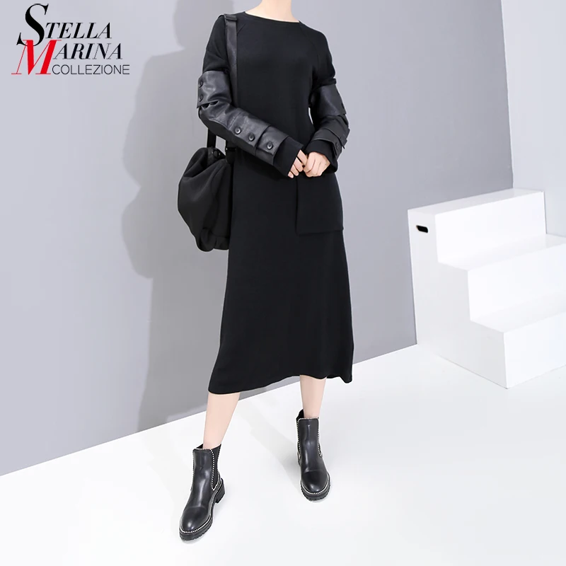 Новинка 2019 японский стиль Женское зимнее черное прямое платье с длинным рукавом