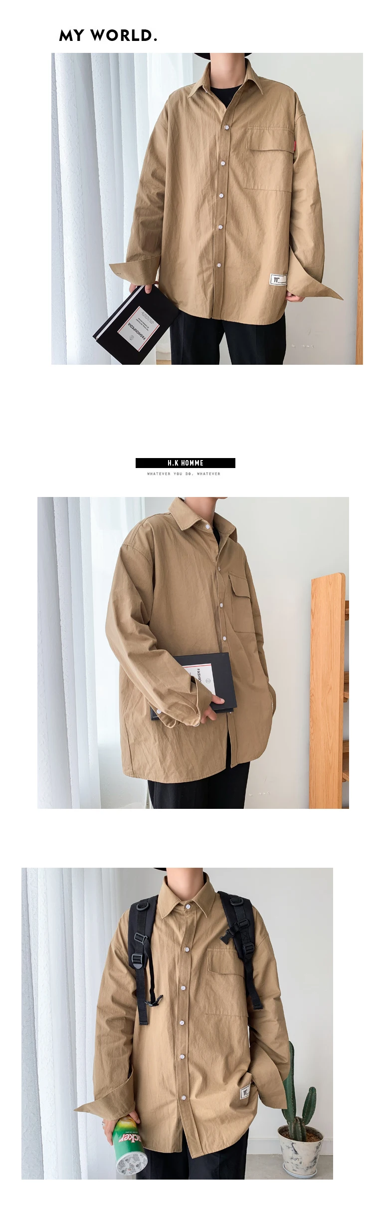 Spring And Autumn New Tooling Loose Solid Color Casual Long-sleeved Shirt Black White / Army Green Orange Khaki M-2XL
