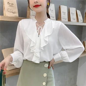 

2019 Spring Autumn Long Lantern Sleeve Chiffon Shirt Women Korean Fashion V Neck Lace-up Kawaii Ruffle Blouses White Tops