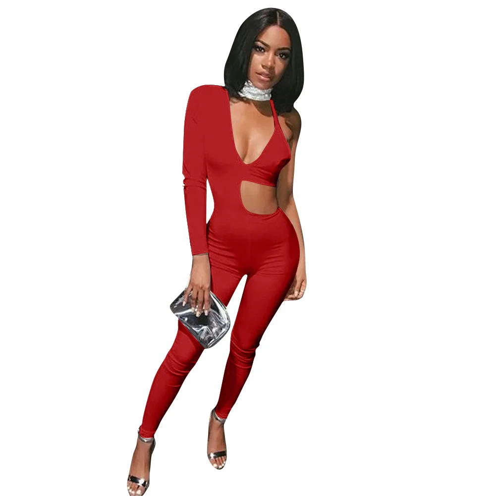 Сексуальный обтягивающий комбинезон на одно плечо для женщин, глубокий v-образный вырез, облегающий Клубные вечерние комбинезоны, цельный бандажный комбинезон - Цвет: Red