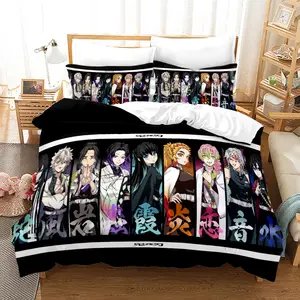 Conjunto de cama de solteiro Anime Demon Slayer 3 peças de desenho animado  3D capa de edredom para meninos decoração de casa quarto sem  edredom-S_Duplo 200 x 200 cm