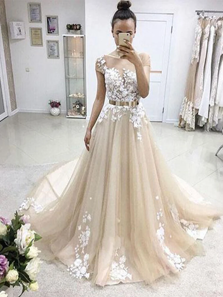 Шампанское LORIE Cap Sleeve Lace Appliqued Bride Dress Beach Boho Princess Wedding Dress with Belt Wedding Party Gown Champagne - Цвет: Шампанское
