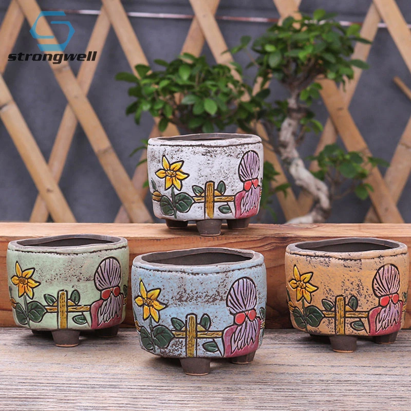 Strongwell Handgeschilderde Keramische Succulent Bloempot Antieke Aardewerk Cartoon Patroon Creatieve Potplanten Fairy Garden Decor|Bloempotten & Bloembakken| AliExpress