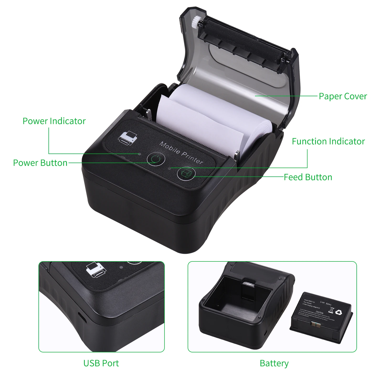 Impresora térmica de recibos, dispositivo portátil de 58mm, tamaño Mini para llevar, funciona con Android e iOS, inalámbrica, Bluetooth - Imagen 3