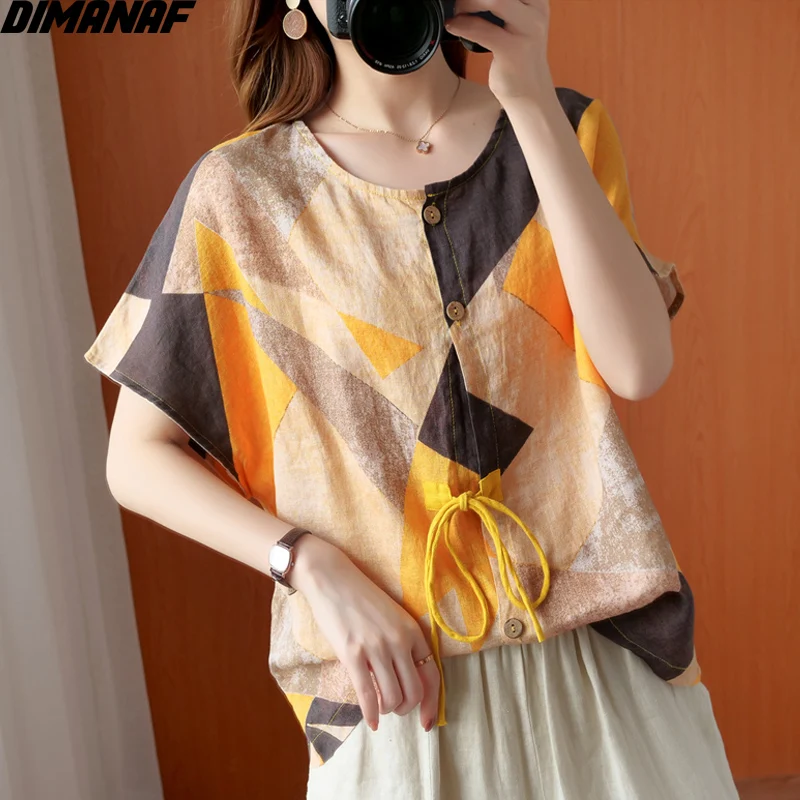 

DIMANAF Summer Plus Size Women Blouse Shirt Cotton Linen Lady Tops Tunic Print Geometric Loose Female Clothing Short Sleeve 2020