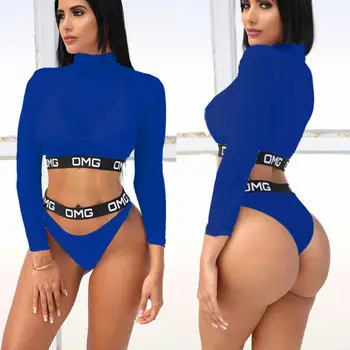 

3PCS Hot Women Swimming Long Sleeve High Waist Bikini Sets Push-up Padded Bra Bikini Mesh Sheer Swimsuit Swimwear Set Beachwear