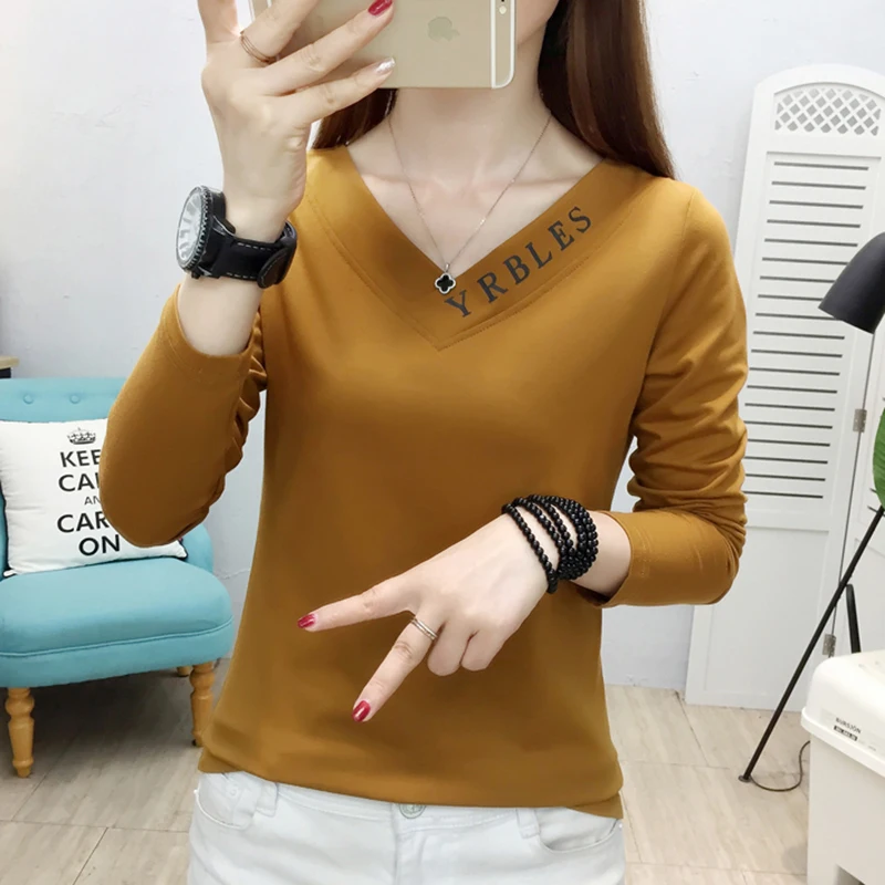 

Letter V-Neck T Shirt Women Cotton New 2022 spring Autumn Long Sleeve Top Casual Woman Clothes T-Shirts Female Tee shirt Femme