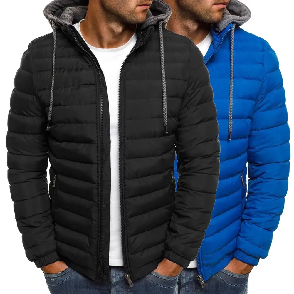 Men Winter Parkas Down Coat Solid Hooded Cotton Coat Jacket Detachable Hat Padded Cardigan Drawstring Winter Streetwear