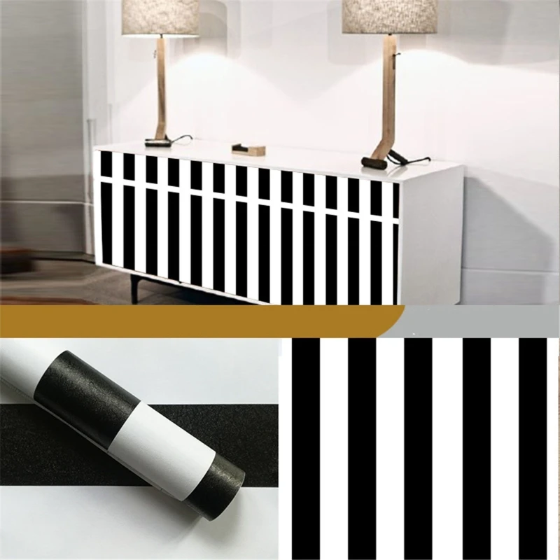 Wall Stickers Kitchen Wallpaper Vinyl Wallpaper Self Adhesive Wallpaper Peel And Stick Paper Self Adhesive Liner Modern PVC Black White Striped Self-adhesive Wallpaper Peel and Stick Contact Wall Sticker for Kitchen Bathroom Furniture Decor