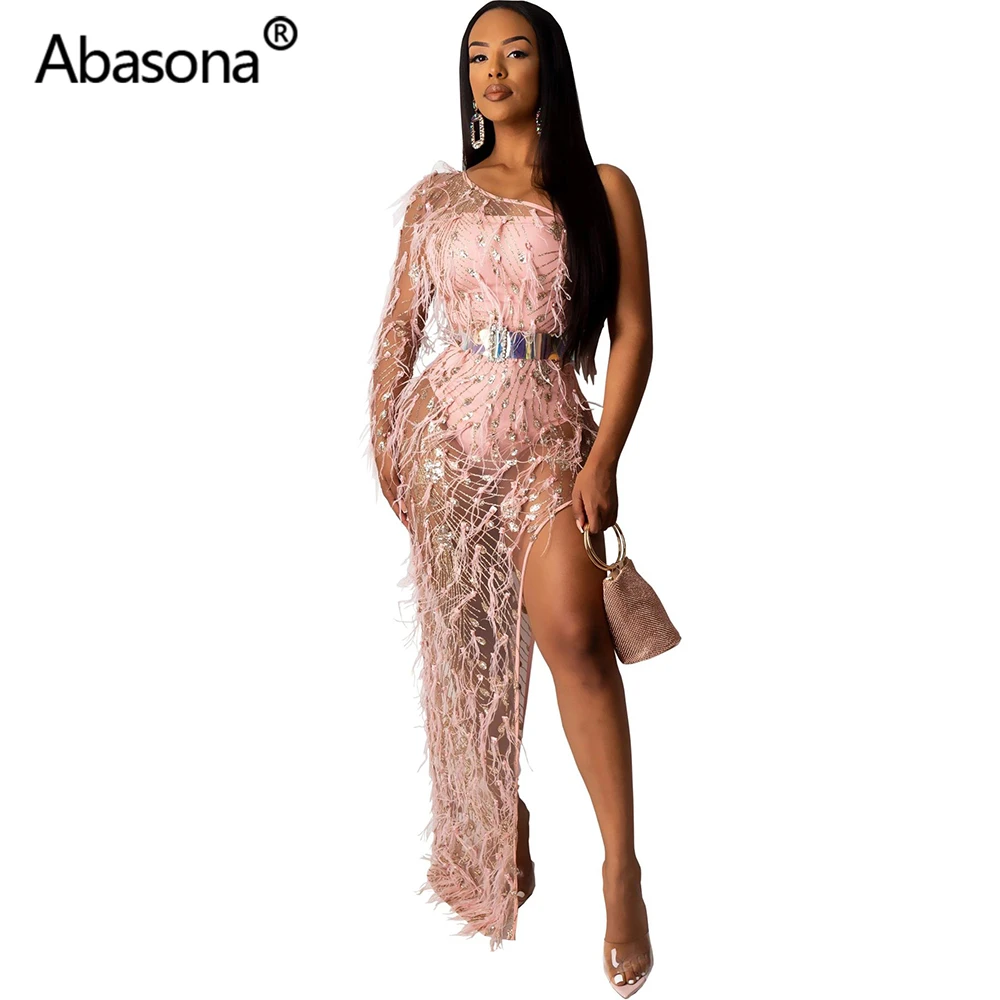 Abasona, женское осенне-зимнее платье макси, с вырезом лодочкой, сплошное, с длинным рукавом, с мехом, с бисером, облегающее, сексуальное, Клубное, вечернее платье - Цвет: Бежевый