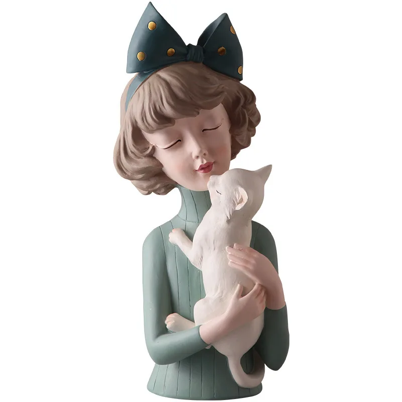 

Latest Bow Hairpin Girl Figure Statues Woman Holds Kitten & Dog Sculptures For Home Decor Crafts Living Room Ornaments Fashion