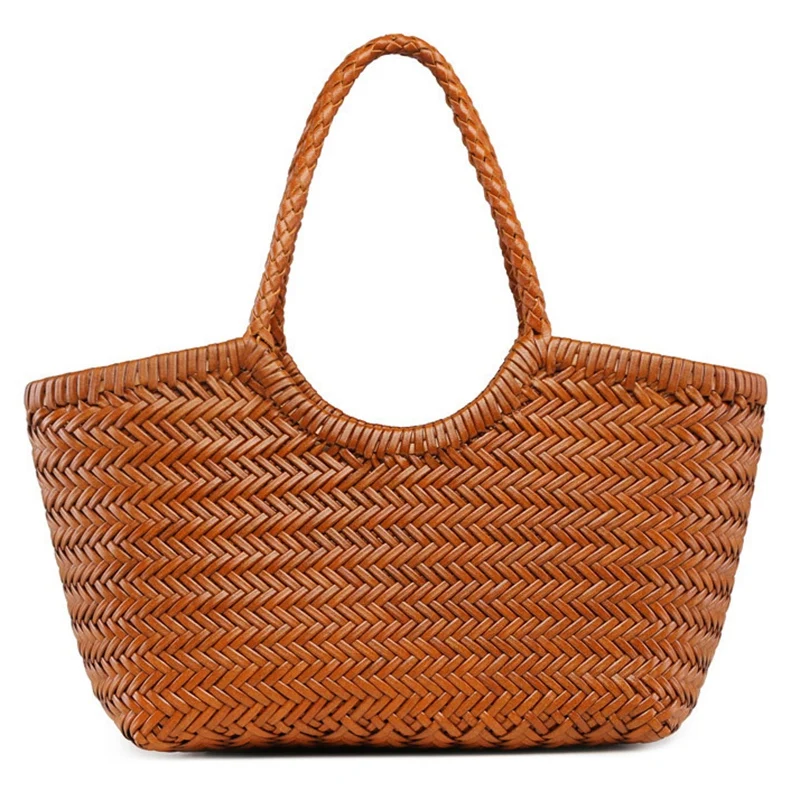 

Handbags Women'S Genuine Leather Shoulder Bag Weaving Casual Shopping Bag Vintage Big Tote Purse Cowhide Cross Hand Bags Lady