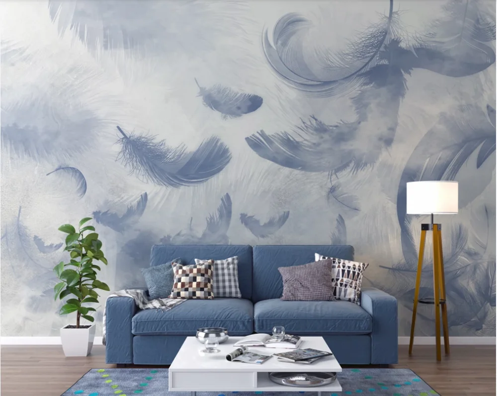 Custom wallpaper hand-painted feather small fresh Nordic TV background wall painting-waterproof material