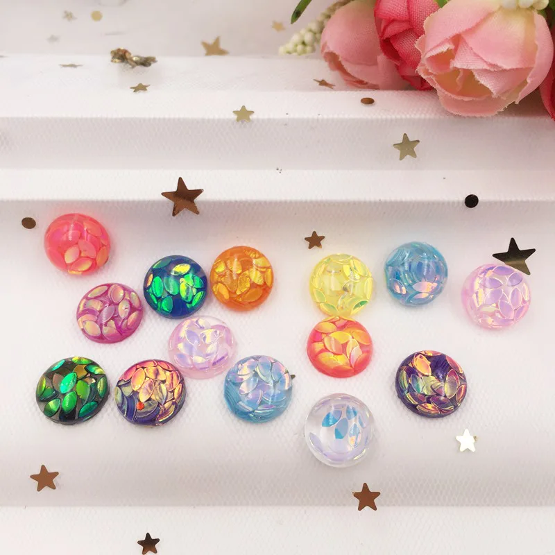 40개 레진 말 눈 모양 글리터 파이예트 12mm 라운드 플랫 백 카보숑 라인스톤 버튼 G24