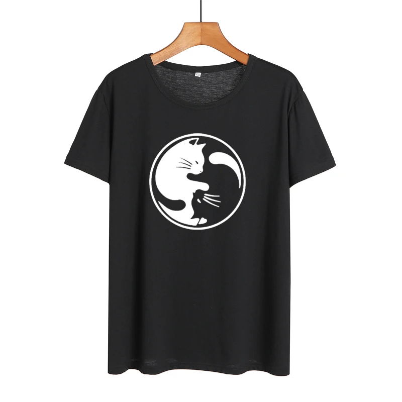 Женская футболка с принтом кота Yin Yang милым кошки летняя одежда для влюбленных