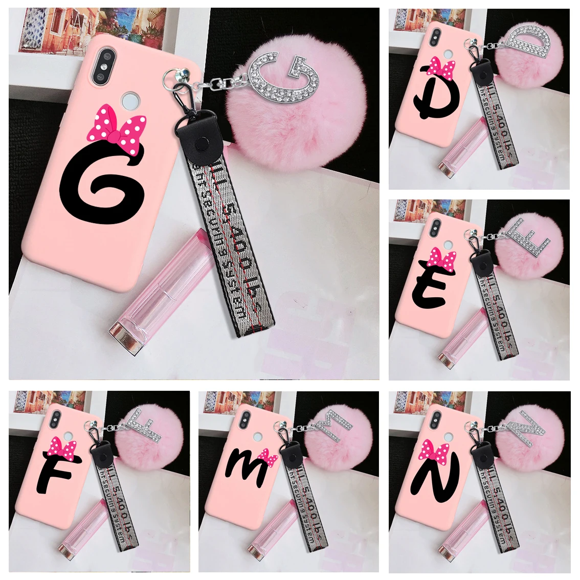 Fur Ball Silicone Custom name shell letters A B C Case for Xiaomi Redmi 9 8 7 6 9A 9C 8A 7A 6A Pro Plush Phone Strap Cover | Мобильные