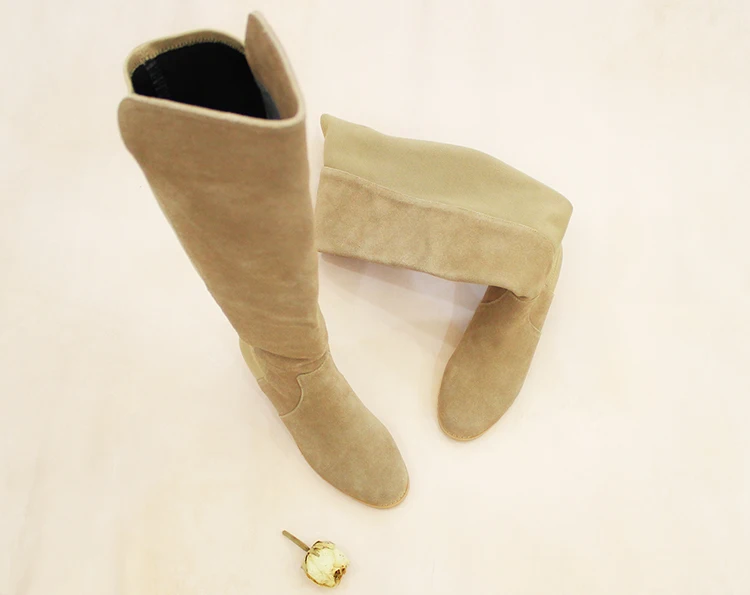 Over The Knee Women Boots Beige Suede Leather Long Boot Black Stretch Fabric Patchwork Shoes Med Heels Slip On Ladies