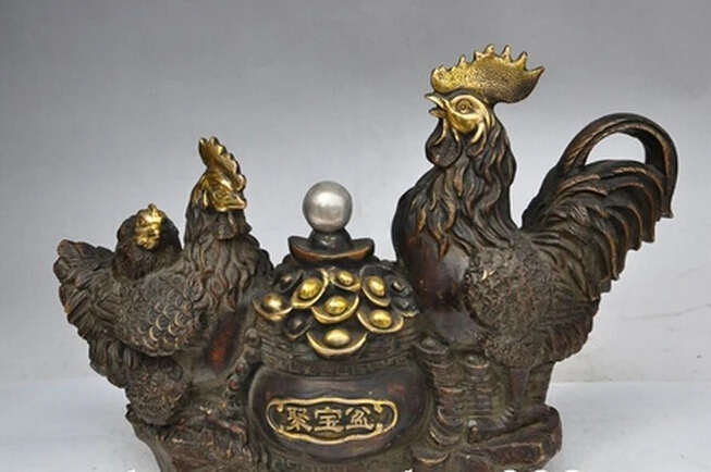 ZSR914+++ 13&quotChinese Bronze gilt wealth Treasure bowl Cock Rooster Chicken family statue | Дом и сад
