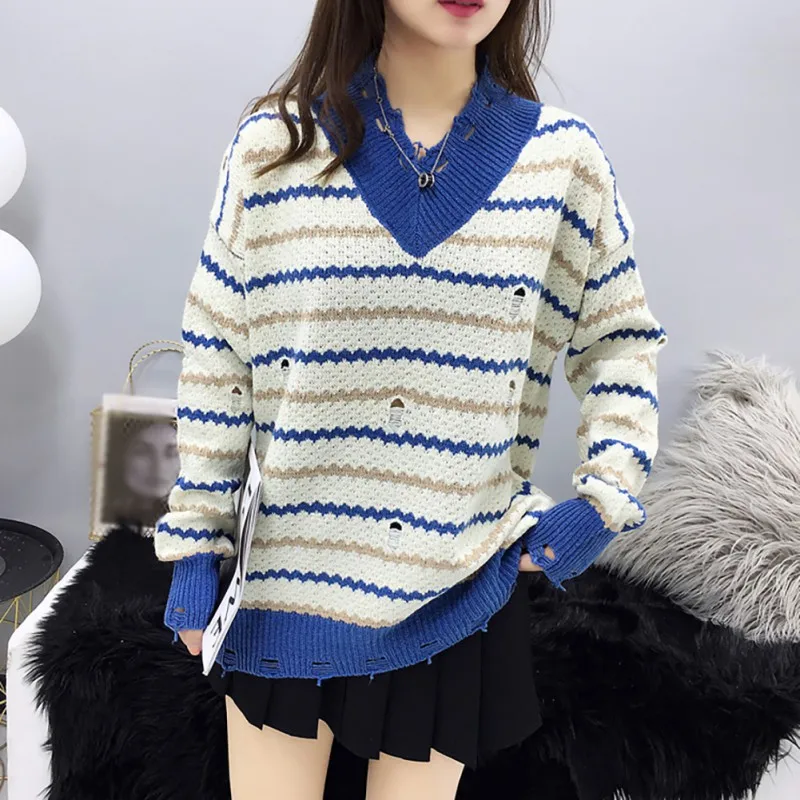 

Loose Sweet Striped sweater Women Fashion V-Neck Long Sleeve Pullover Sweaters Girls Autumn Winter Hollow Out Sweater x
