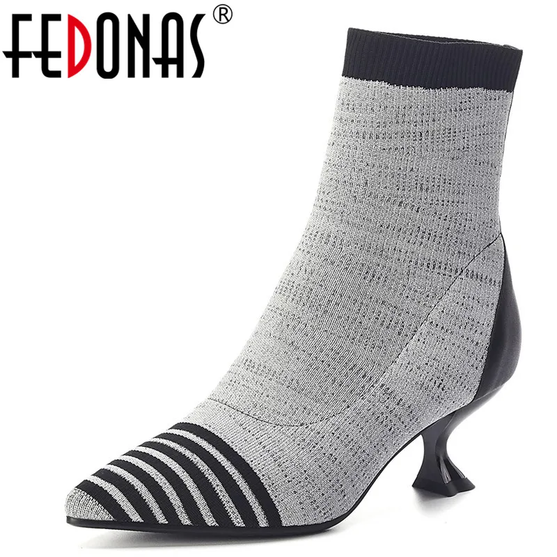 

FEDONAS Strange Heels Female Classic Chelsea Boots Dancing Shoeos Woman Newest Thin Heels Women Knitting Ankle Boots Socks Boots