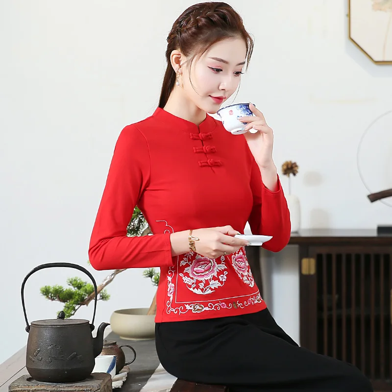 KYQIAO blusa feminina традиционная китайская рубашка Женская Осенняя винтажная Этническая Мандарин Воротник Красный Зеленый Черный Вышивка Блузка - Цвет: Красный