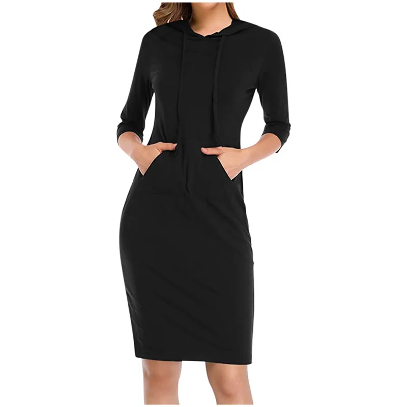 Black Женское платье с капюшоном, рукав три четверти, на завязках, с карманами, толстовка, Jaycosin, весенне-осенние платья, женская одежда,, новая распродажа - Цвет: Black