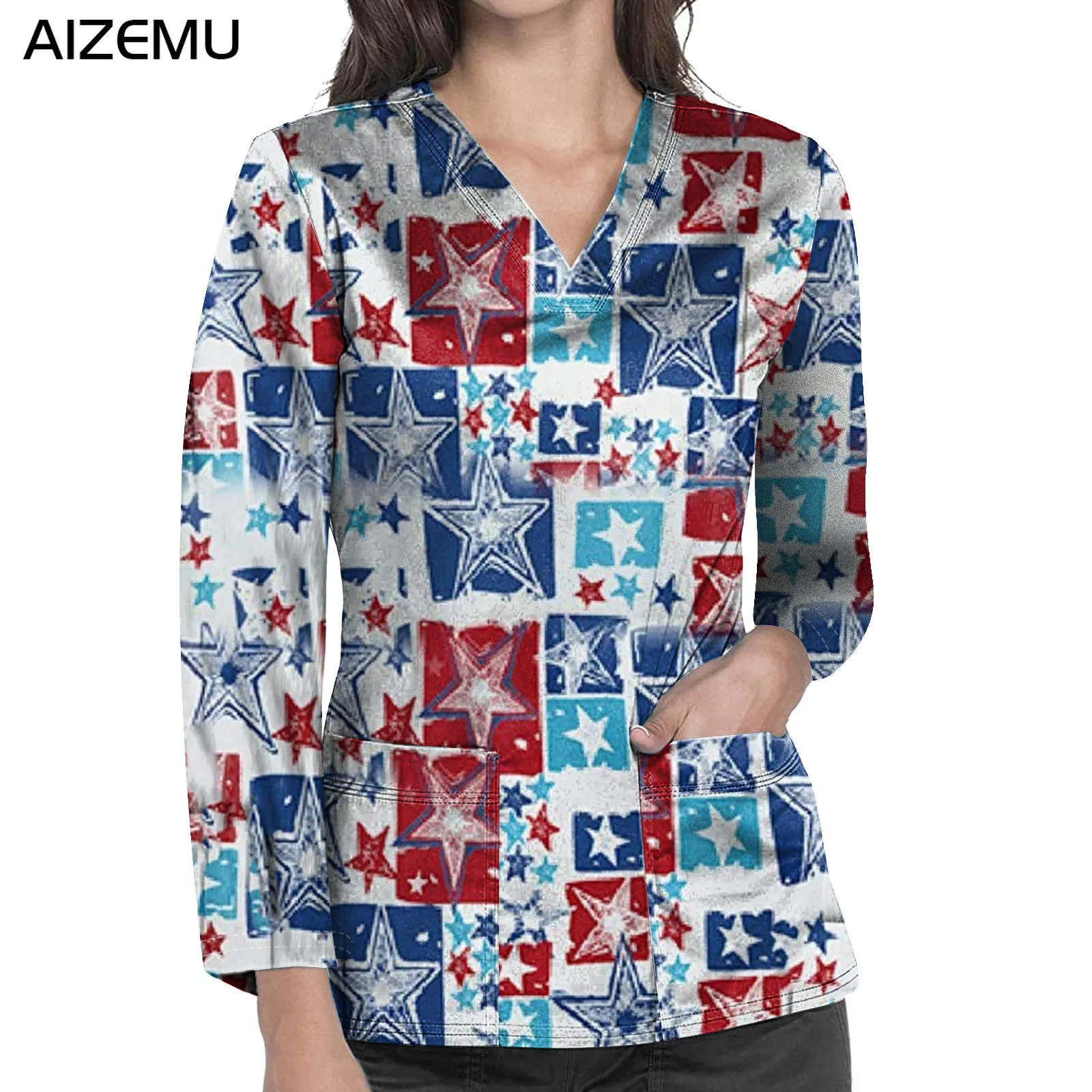 Flower Nurse Blouses Scrubs Uniform Tops with pocket Medical Uniform