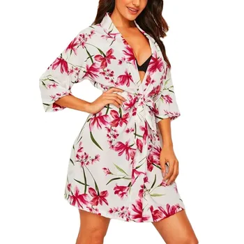 

Women Chiffon Floral Printed Long Sleeve Pajamas Sleepwear Robe With Belt Bathrobe Smooth Sexy set Abito da notte Nighty Anzug#2