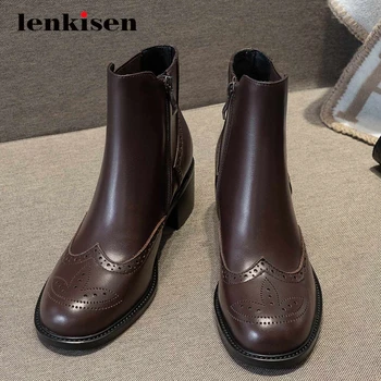 

Lenkisen work boots genuine leather british design brand round toe thick med heel zipper high quality daily wear ankle boots L28