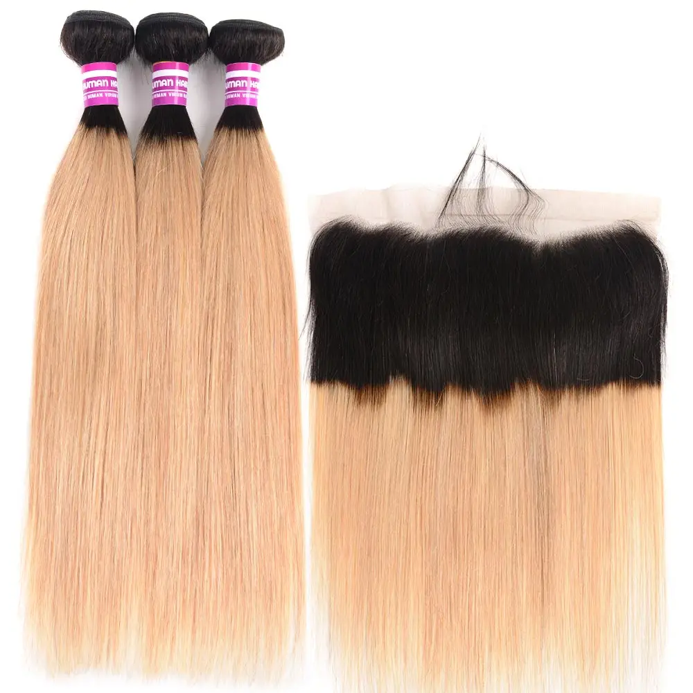 

3/4 Ombre T1b 27 Straight Hair Blonde Bundles With Frontal Remy Human Hair Extension Colored Brazilian Hair Weave Bundles