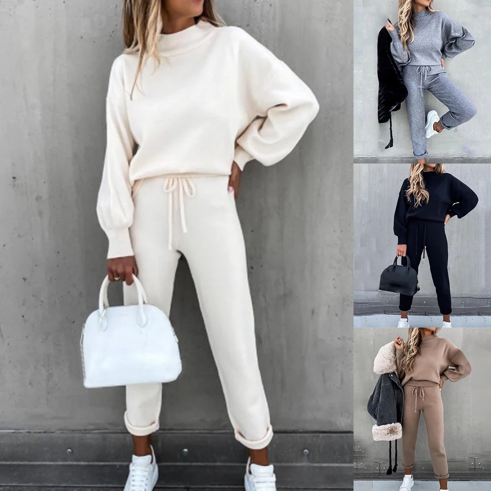 

KANCOOL Women Solid Lantern Sleeve Top & Drawstring Pockets Design Pants Set Casual Ladies Two Piece Set Tracksuit Velvet Plus