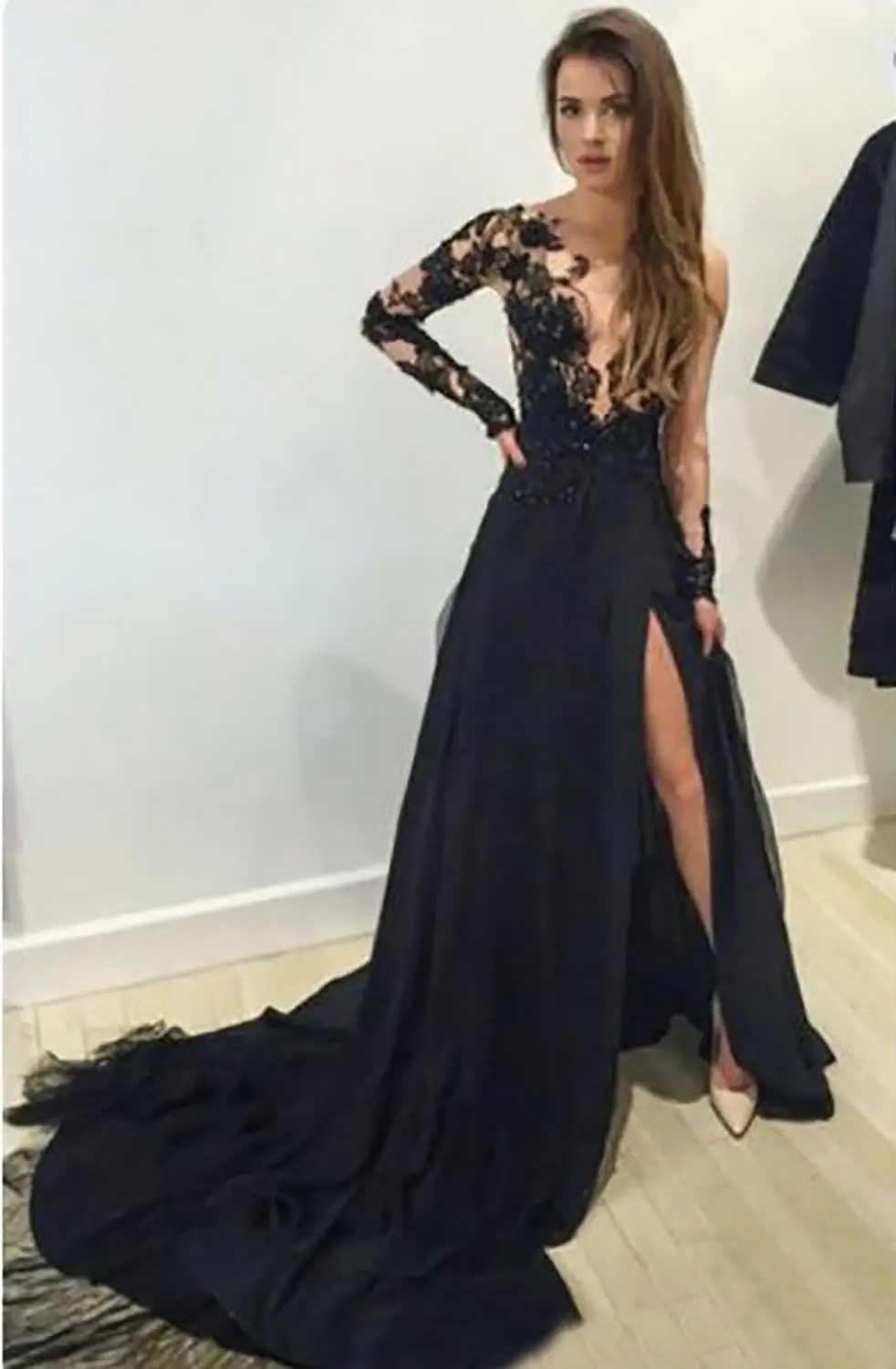New Black Chiffon Applique A Line Lace Prom Party Gown Girls Pageant Formal Dress Custom Scoop Evening Dresses Long Sleeve | Свадьбы и
