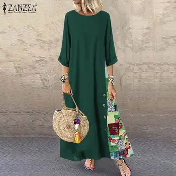 

ZANZEA Women Vintage Cotton Linen Dress O Neck 3/4 Sleeve Autumn Pacthwork Sundress Robe Femme Party Vestido Plus Size Dresses