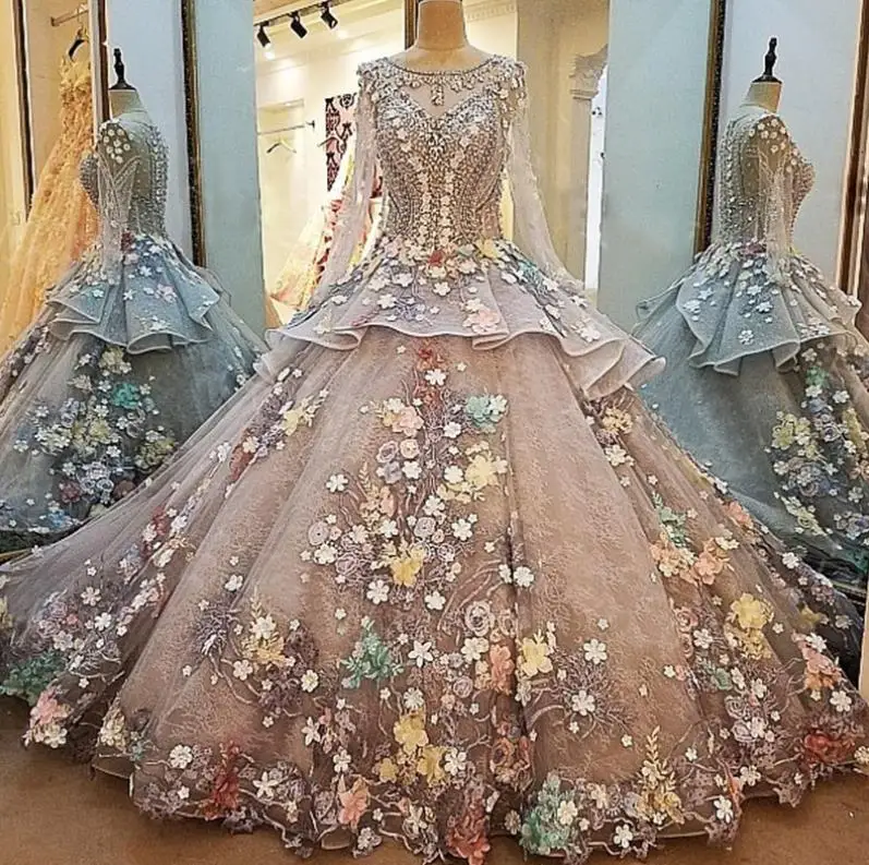 Robe de mariage princesse2019 новое из кружева, с вырезом на шее 3D цветок бисером роскошное бальное платье Цвет дубайское вечернее платье со шлейфом Средний Ea - Цвет: picture color