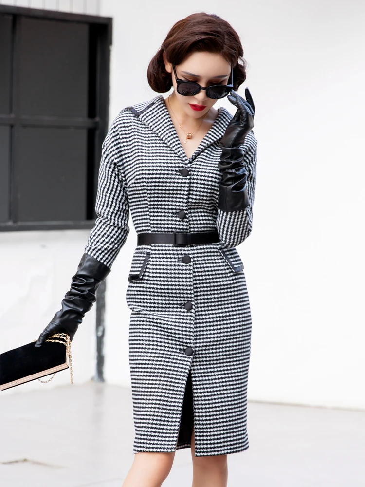 Classic houndstooth Turn-down Collar slim bat sleeve Audrey Hepburn Vintage woolen coat female woolen coat