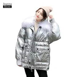 Утка пуховик женская зимняя одежда большого размера куртка с капюшоном енота меховым воротником женская куртка серебро светоотражающая