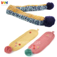 Детский шарф для девочек с милым цветком, Теплый Зимний вязаный шейный платок с маленьким помпоном, длинный шарф из Южной Кореи