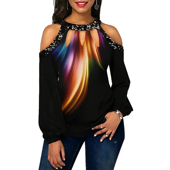 

Women T-Shirt Hollow Out Beading Print Tee Shirt Off Shoulder Halter Tops Ladies Tshirt Long Sleeve Autumn Female Camiseta D30