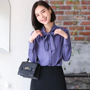 

Chiffon Wild 2020 Autumn Long Sleeve Bow Business Goddess Heart Machine Sexy Xiaozhong Top Work Q6167